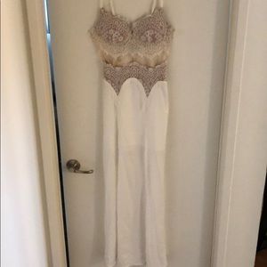 White/nude lace maxi dress with side slit